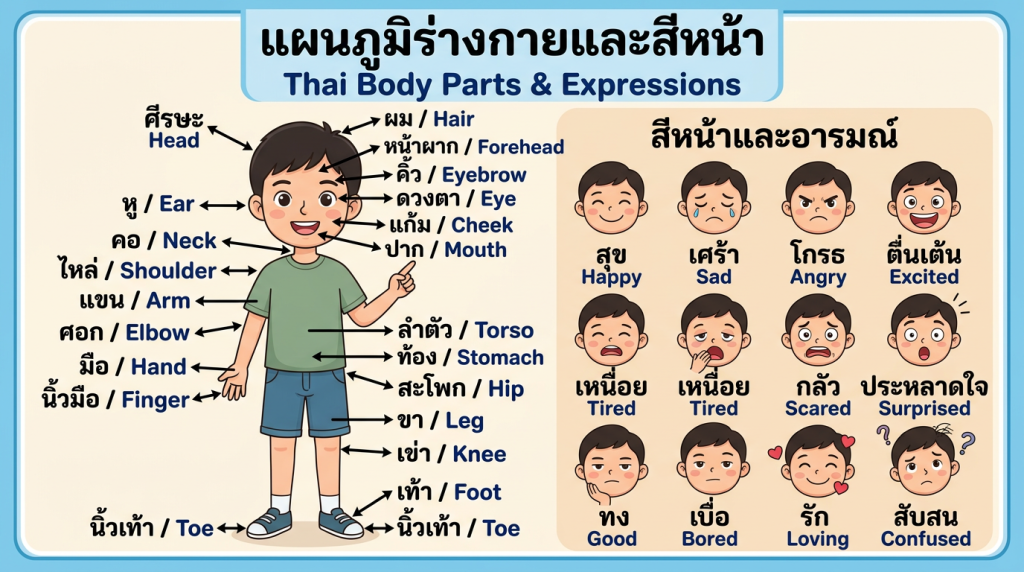 Cartoon boy with Thai and English labels for body parts and faces showing emotions with Thai and English labels