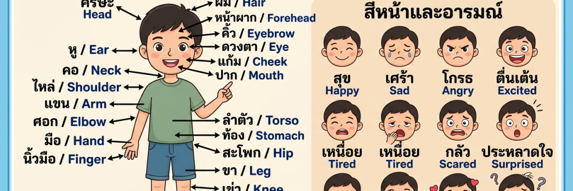 Cartoon boy with Thai and English labels for body parts and faces showing emotions with Thai and English labels